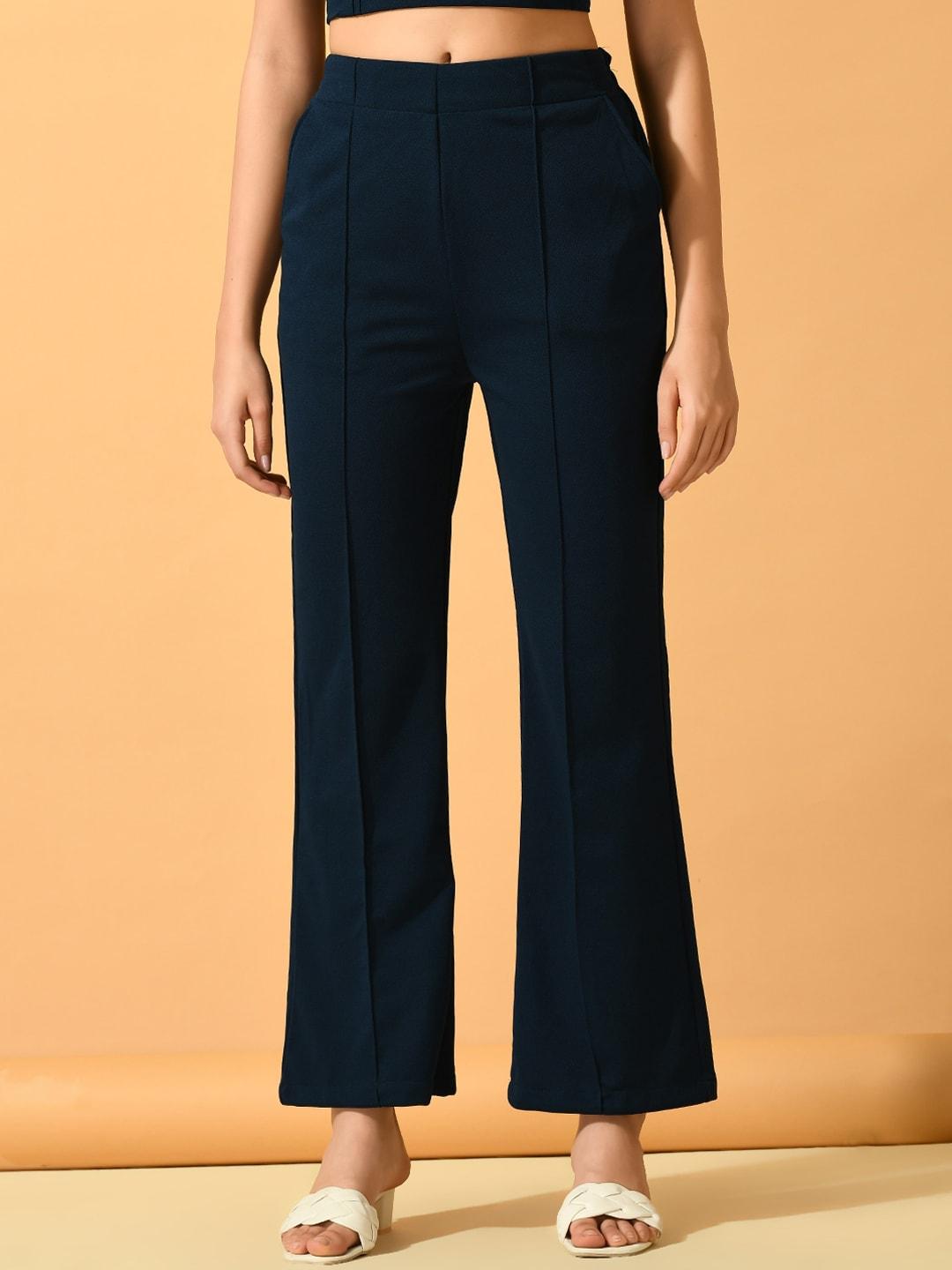 dressberry women navy blue comfort flared lycra wrinkle free parallel trouser