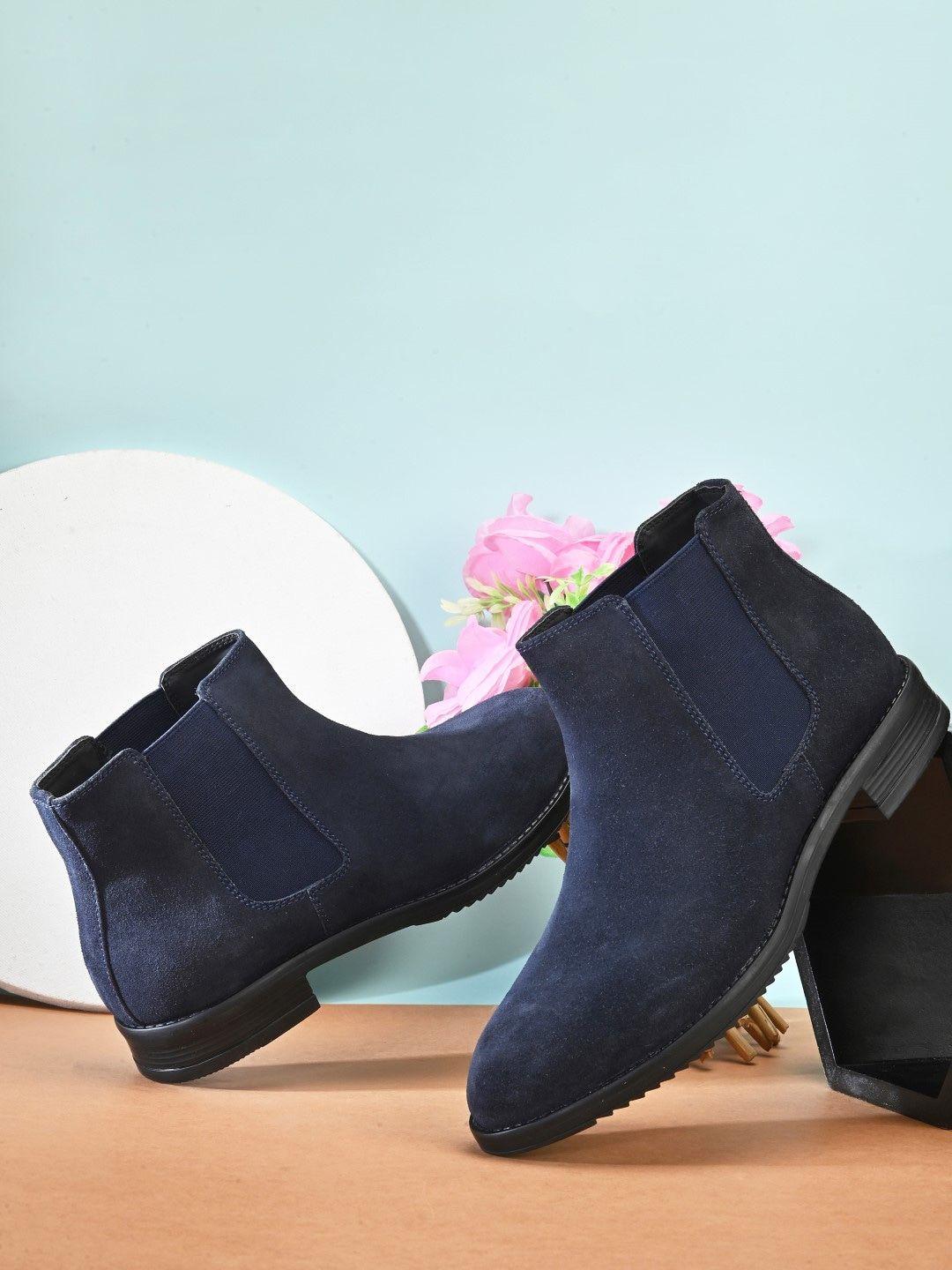 dressberry women navy blue heeled leather suede mid-top chelsea boots