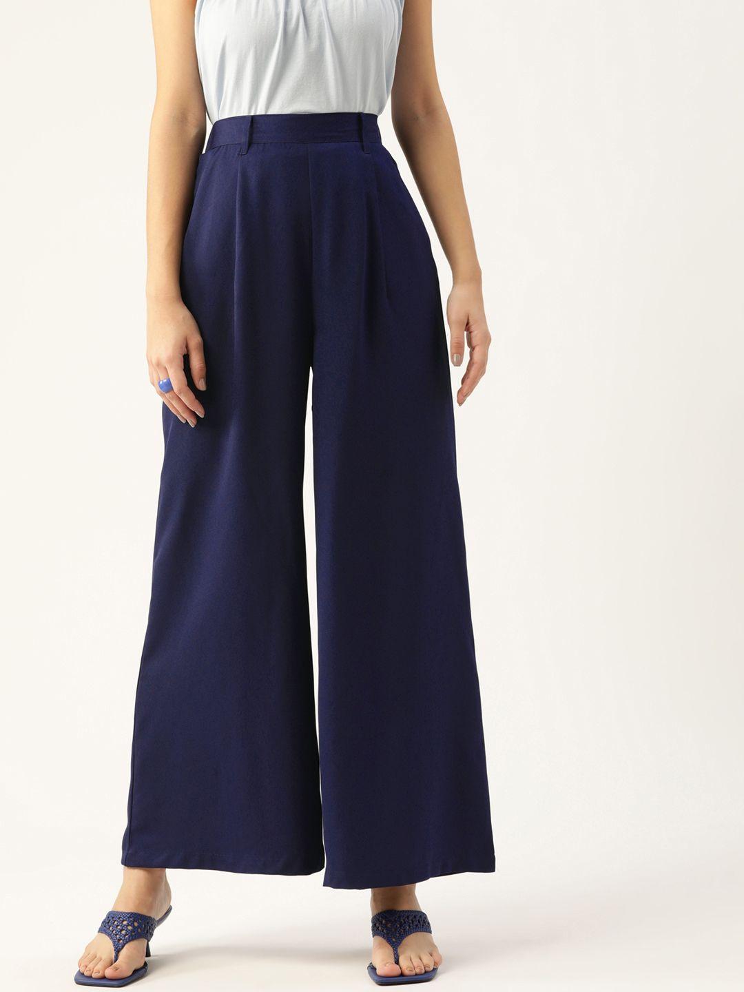 dressberry women navy blue high-rise solid parallel trousers