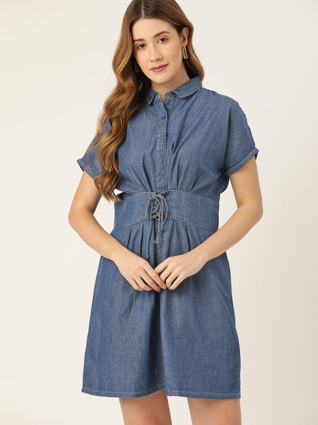 dressberry women navy blue solid pure cotton a-line chambray dress