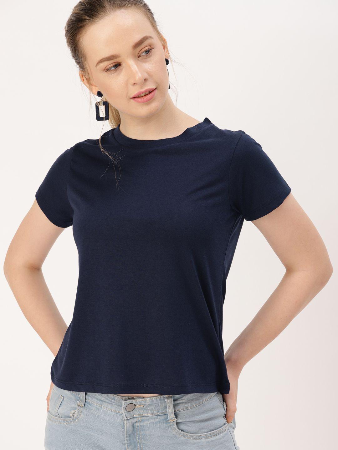dressberry women navy blue solid round neck t-shirt