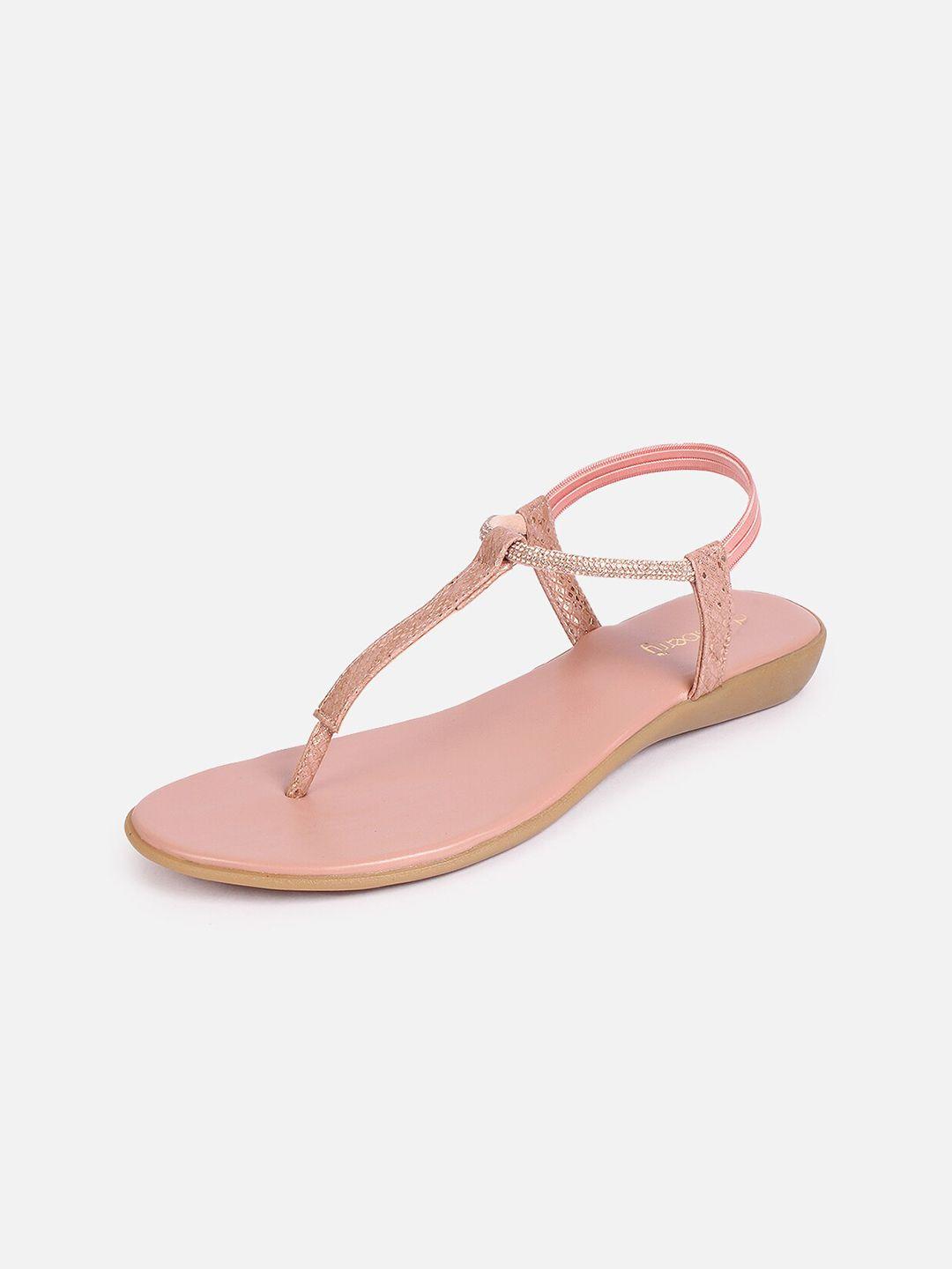 dressberry women nude-coloured textured embellished t-strap flats with backstrap