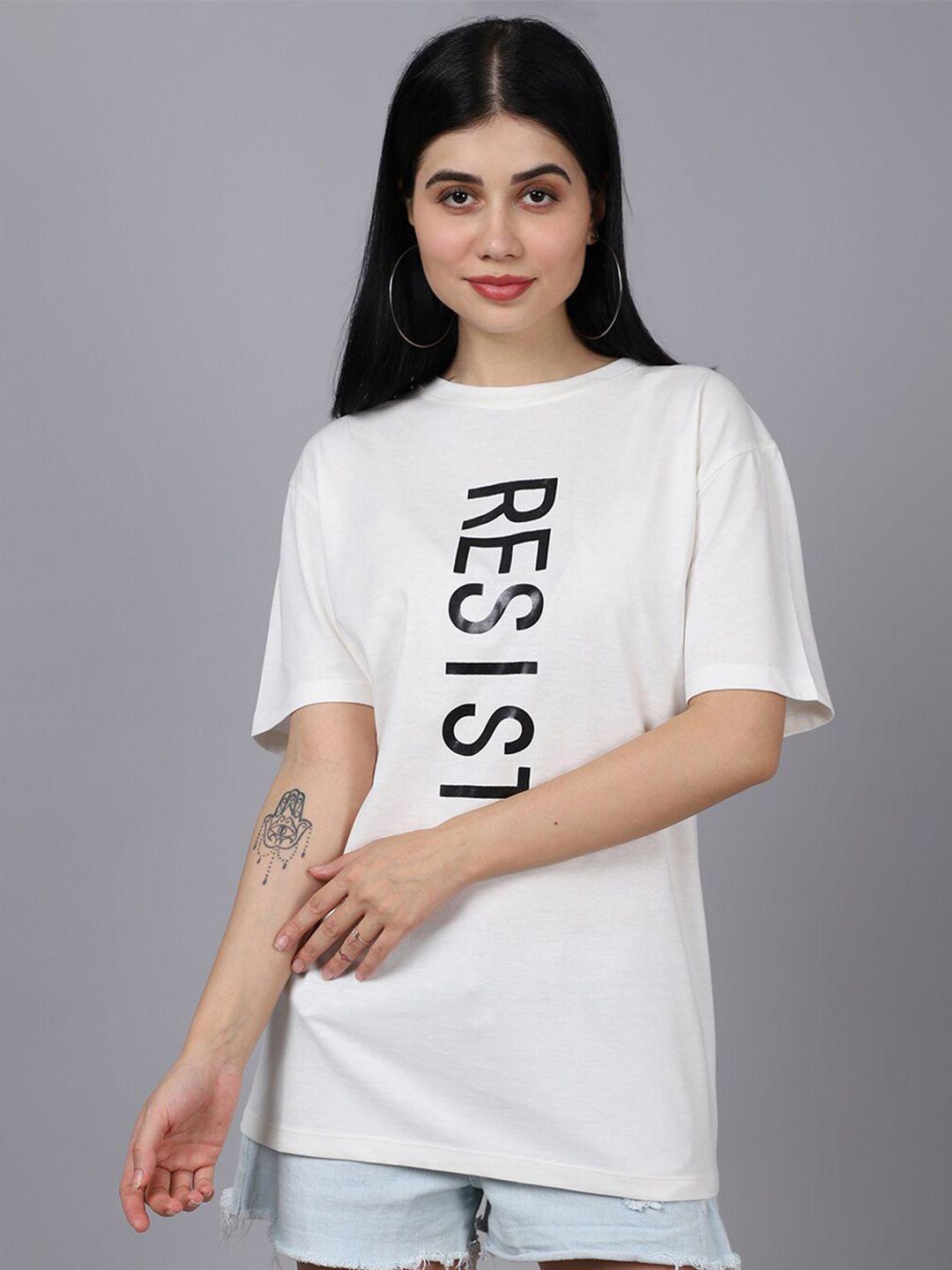 dressberry women off white typography printed drop-shoulder sleeves raw edge t-shirt