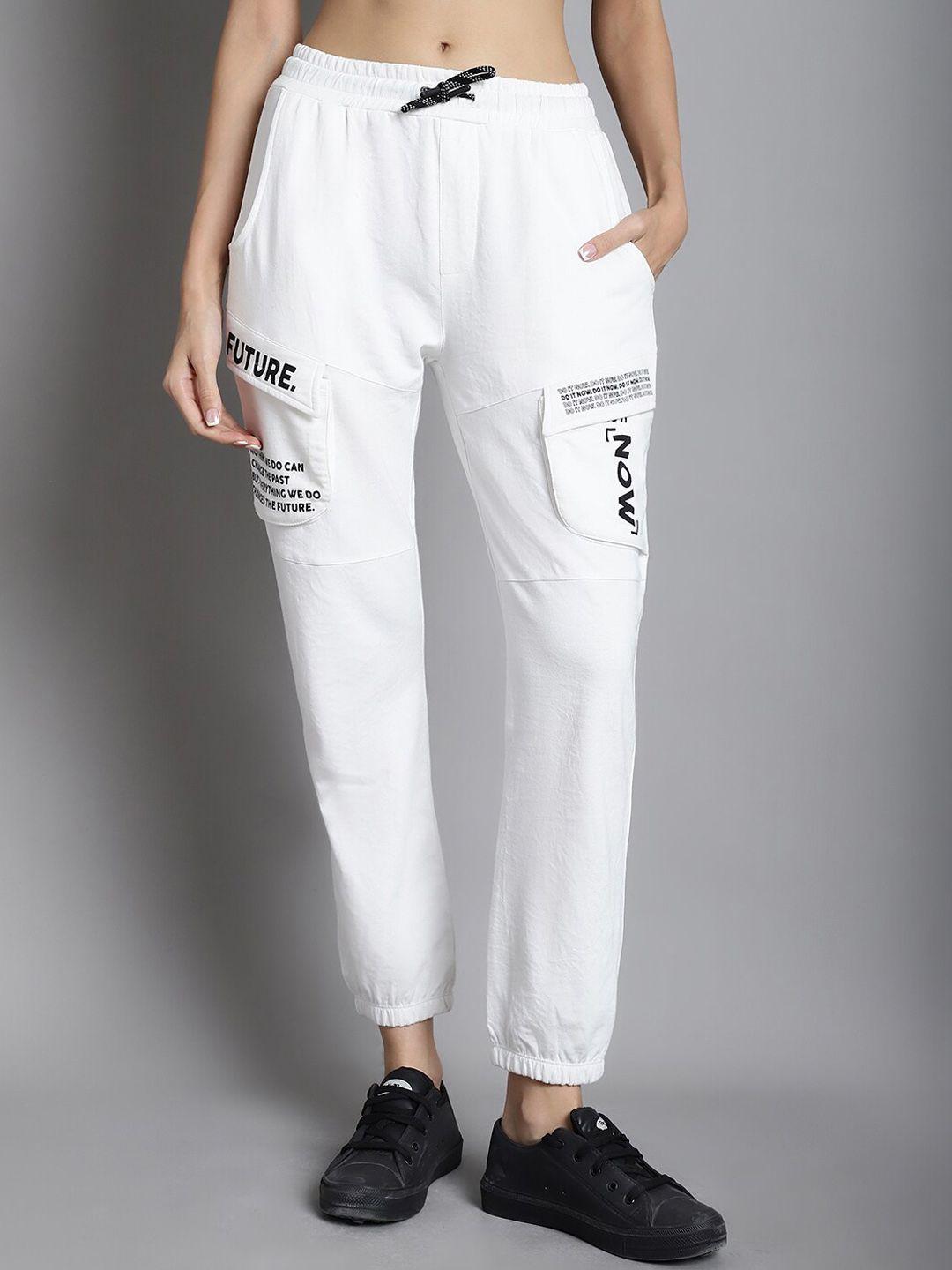 dressberry women off white typography printed mid-rise cotton relaxed-fit joggers