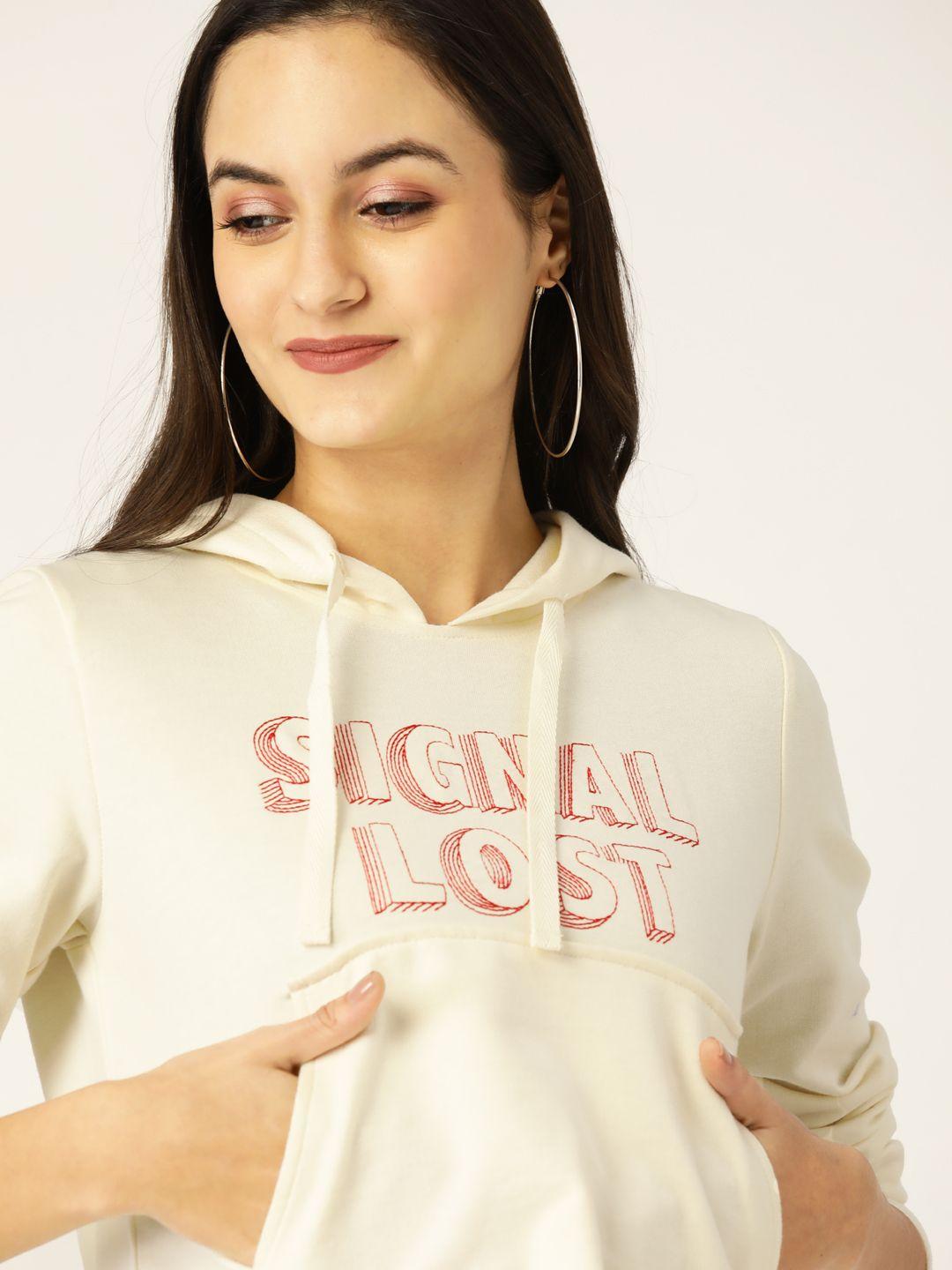 dressberry women off-white & red embroidered hooded sweatshirt