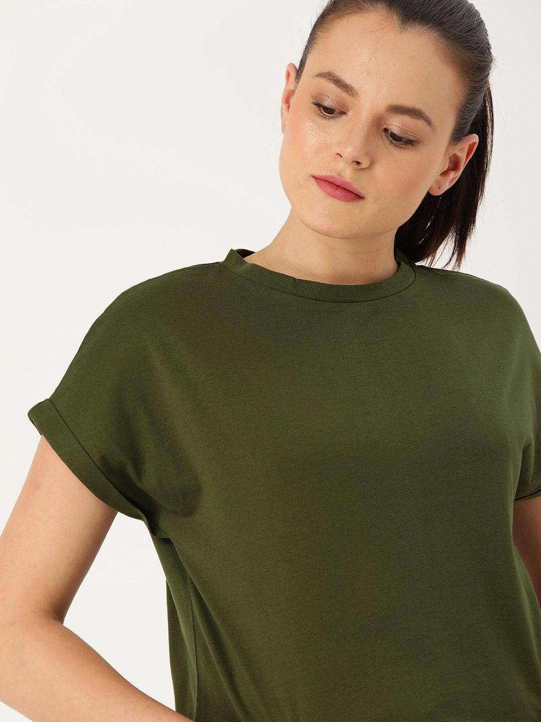 dressberry women olive green solid round neck t-shirt