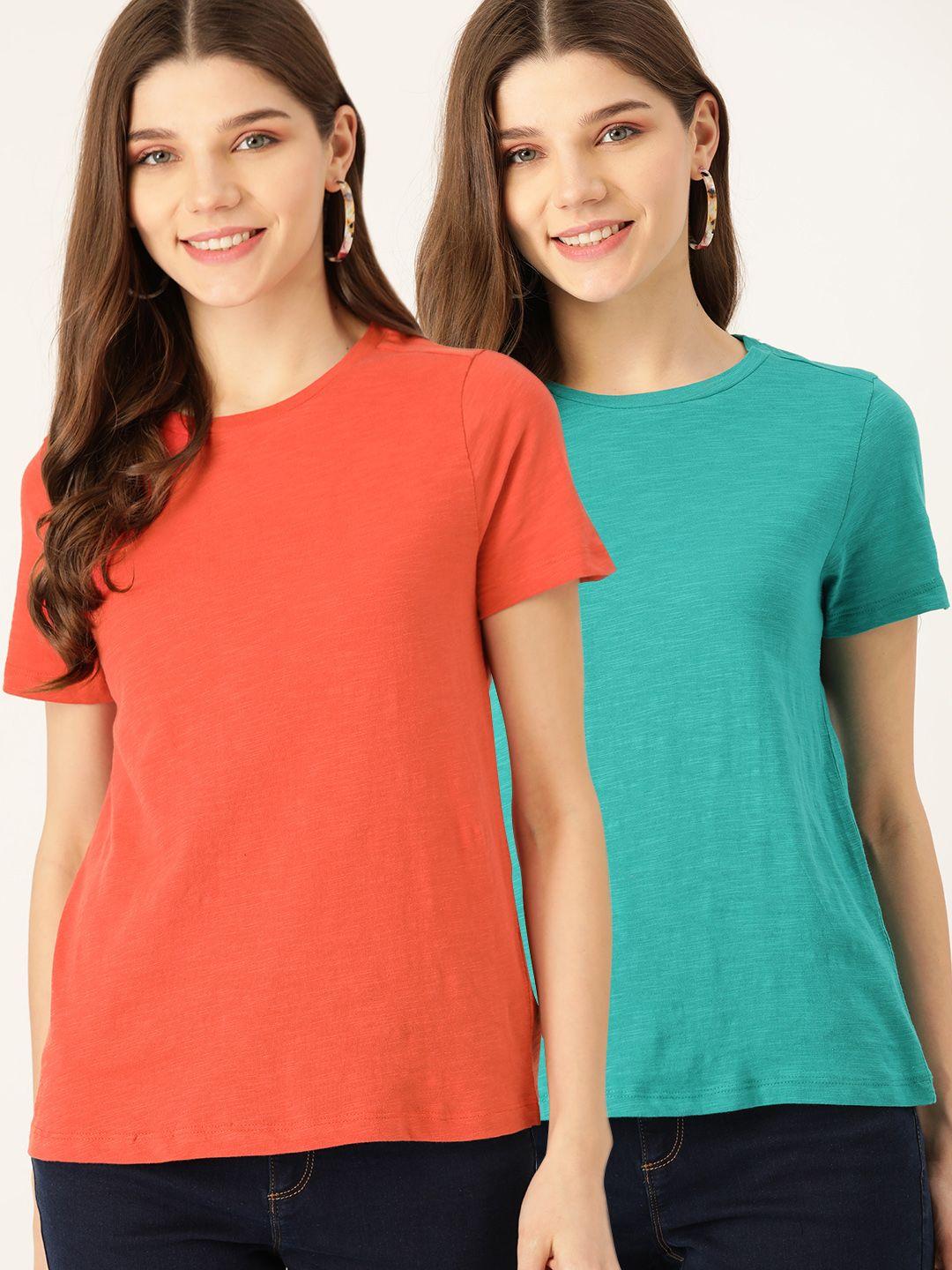 dressberry women pack of 2 solid pure cotton t-shirts
