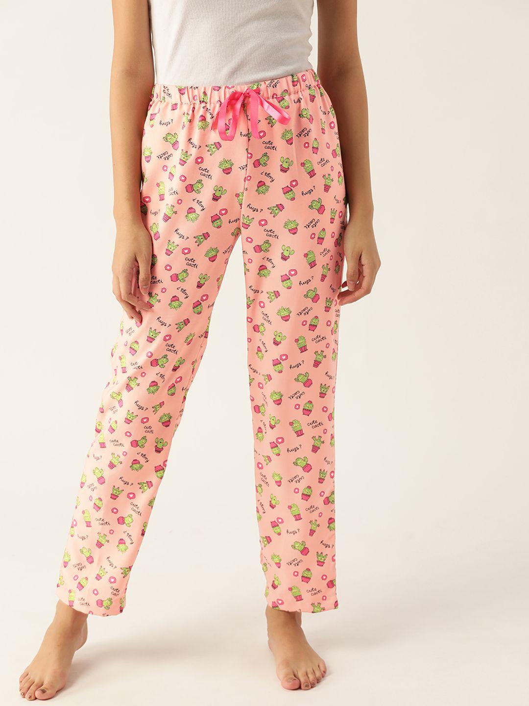 dressberry women peach- coloured  & green graphic printed lounge pants