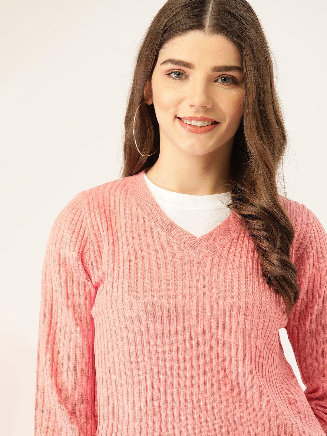 dressberry women peach-coloured self-striped pullover sweater
