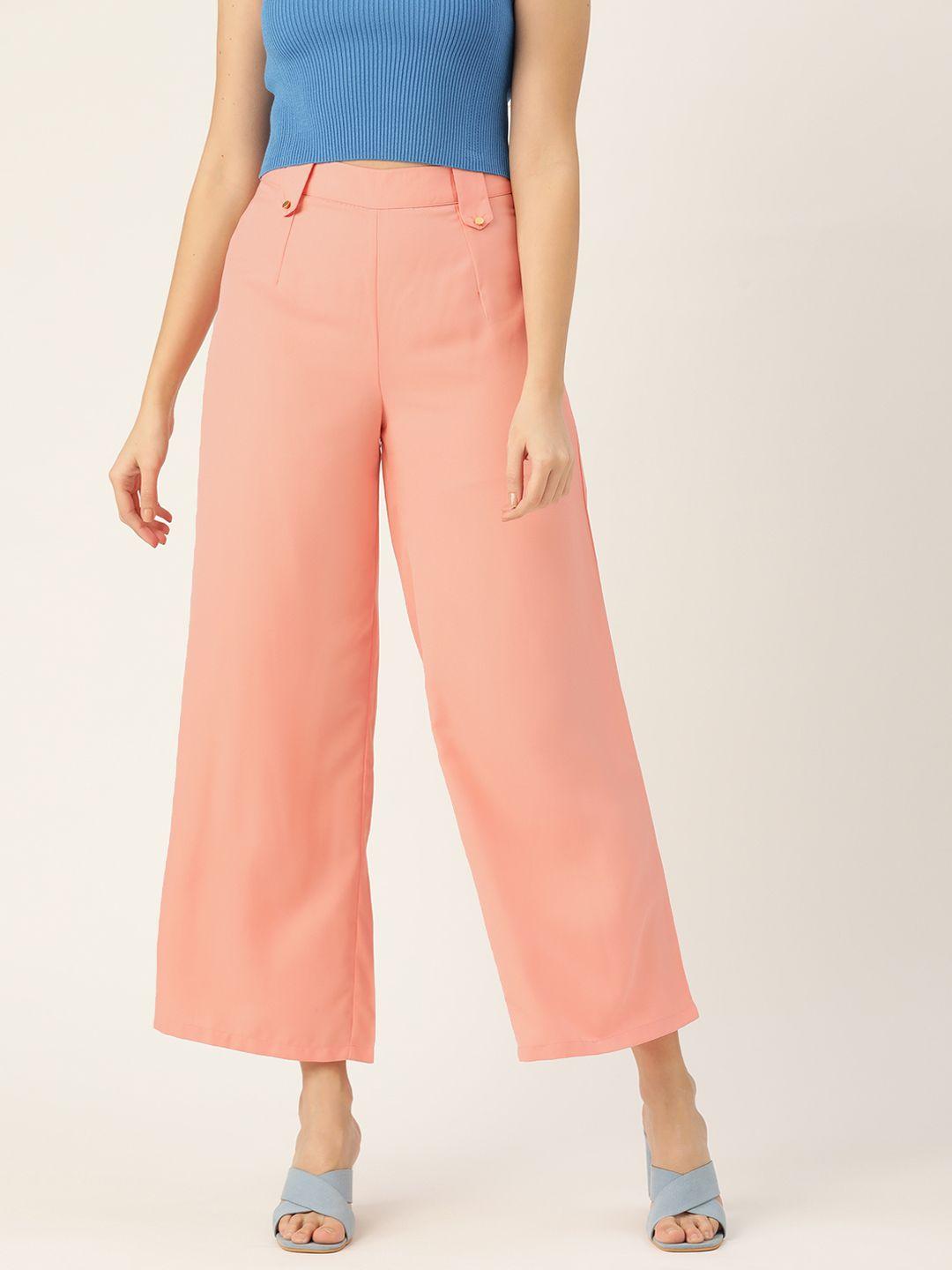 dressberry women peach-coloured textured knit parallel trousers