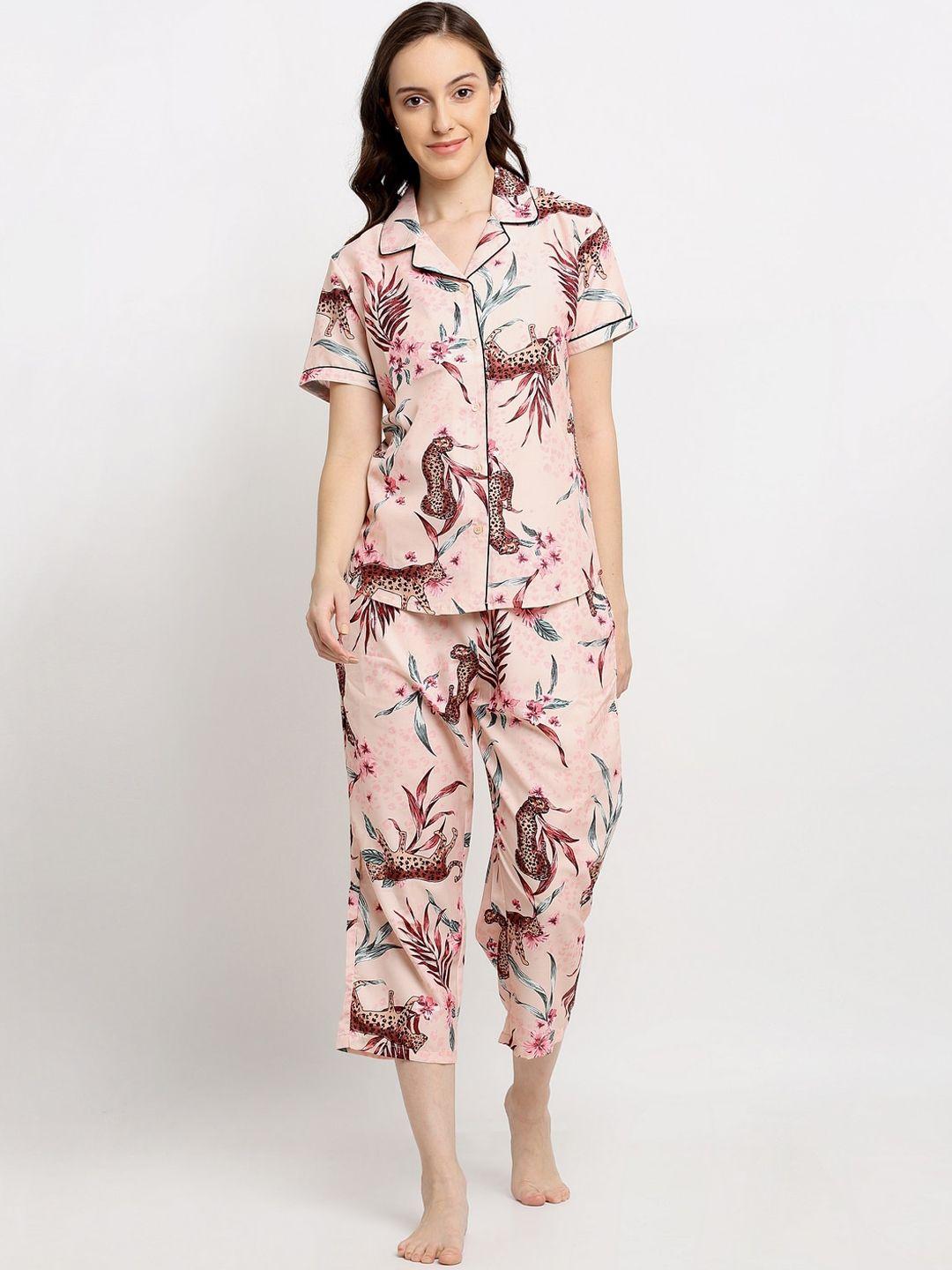 dressberry women pink & green printed night suit