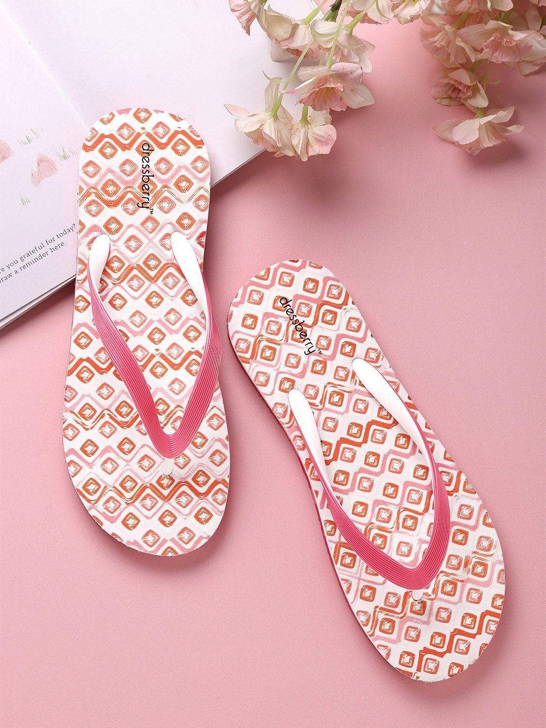 dressberry women pink & orange printed thong flip-flops
