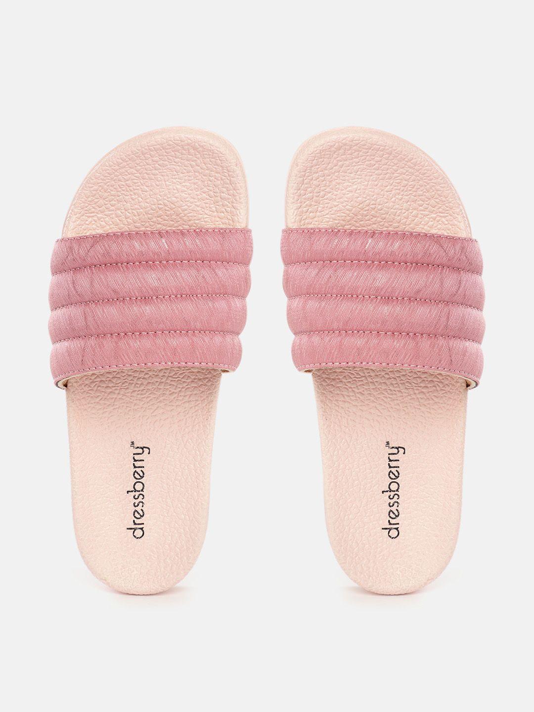 dressberry women pink & peach-coloured striped puffy sliders