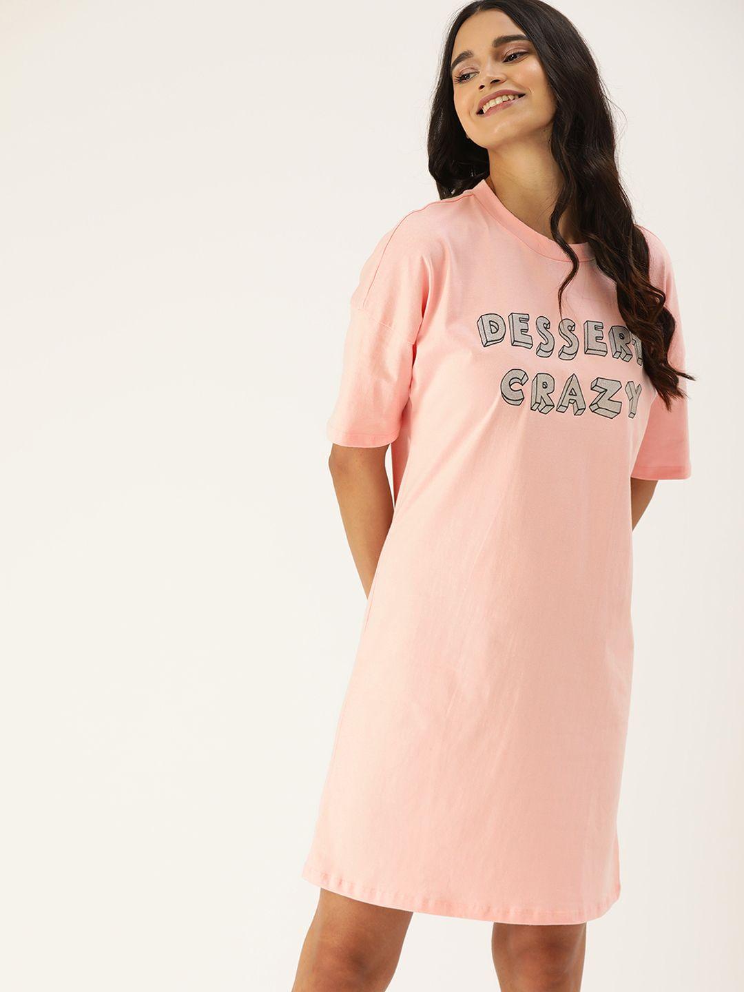dressberry women pink & silver pure cotton printed above knee length nightdress