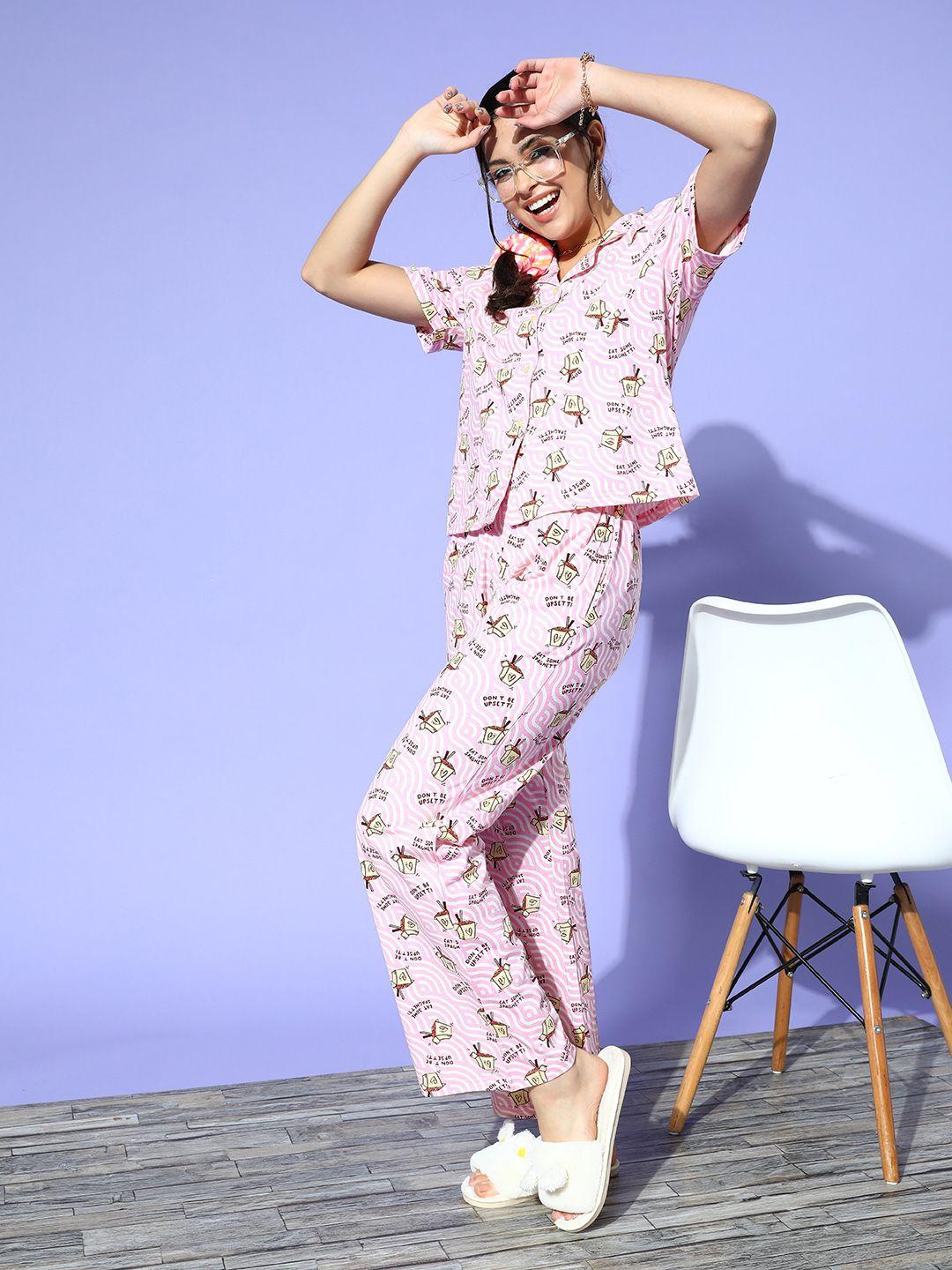 dressberry women pink & white printed night suit