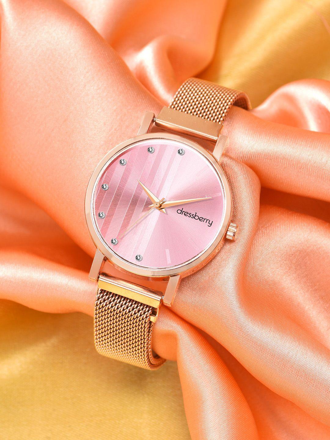dressberry women pink embellished water resistant straps analogue watch hobdb-132-rg-pk