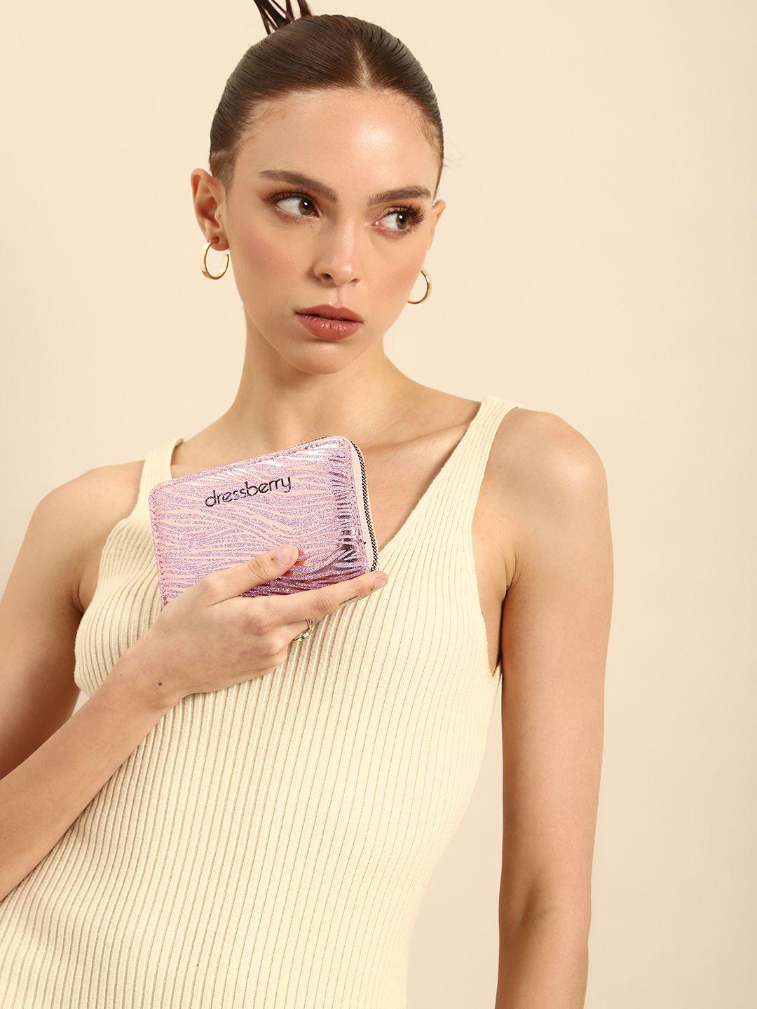dressberry women pink printed pu zip around wallet