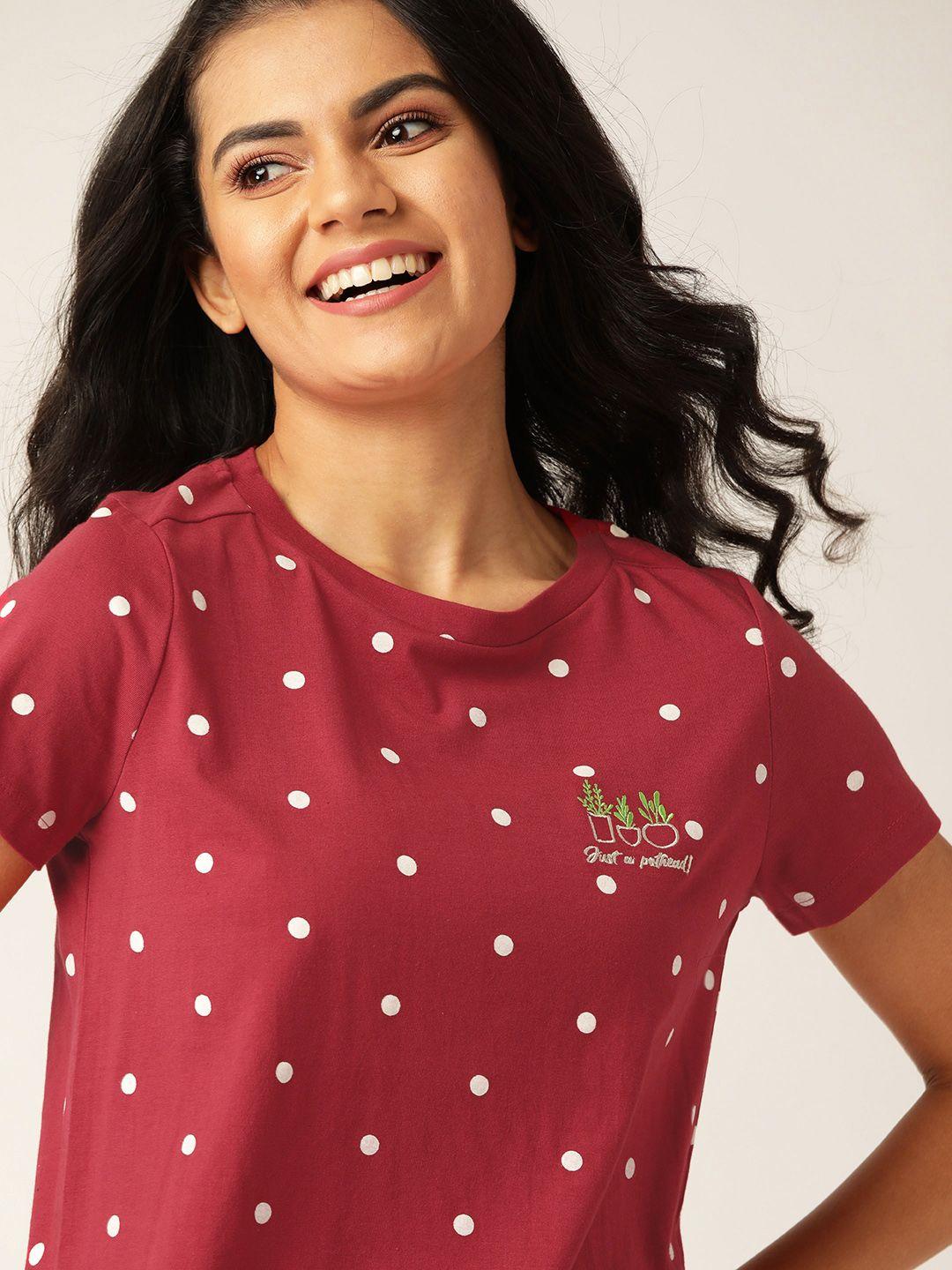 dressberry women red & white polka dot print pure cotton t-shirt