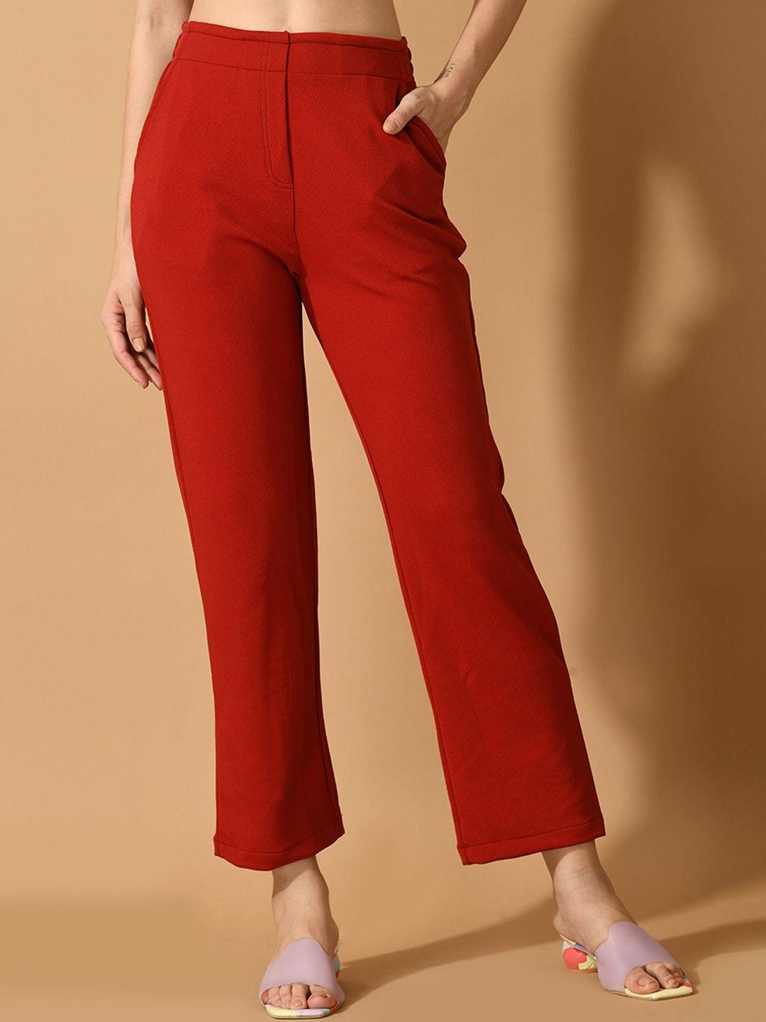dressberry women red comfort straight fit lycra wrinkle free parallel trouser