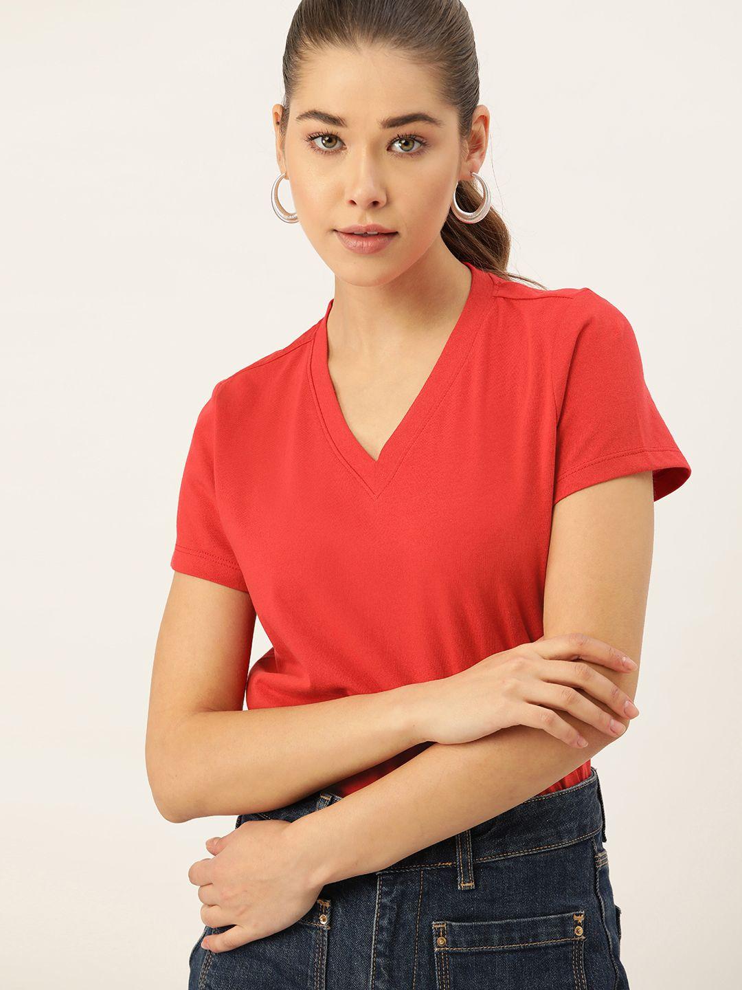 dressberry women red solid v-neck t-shirt