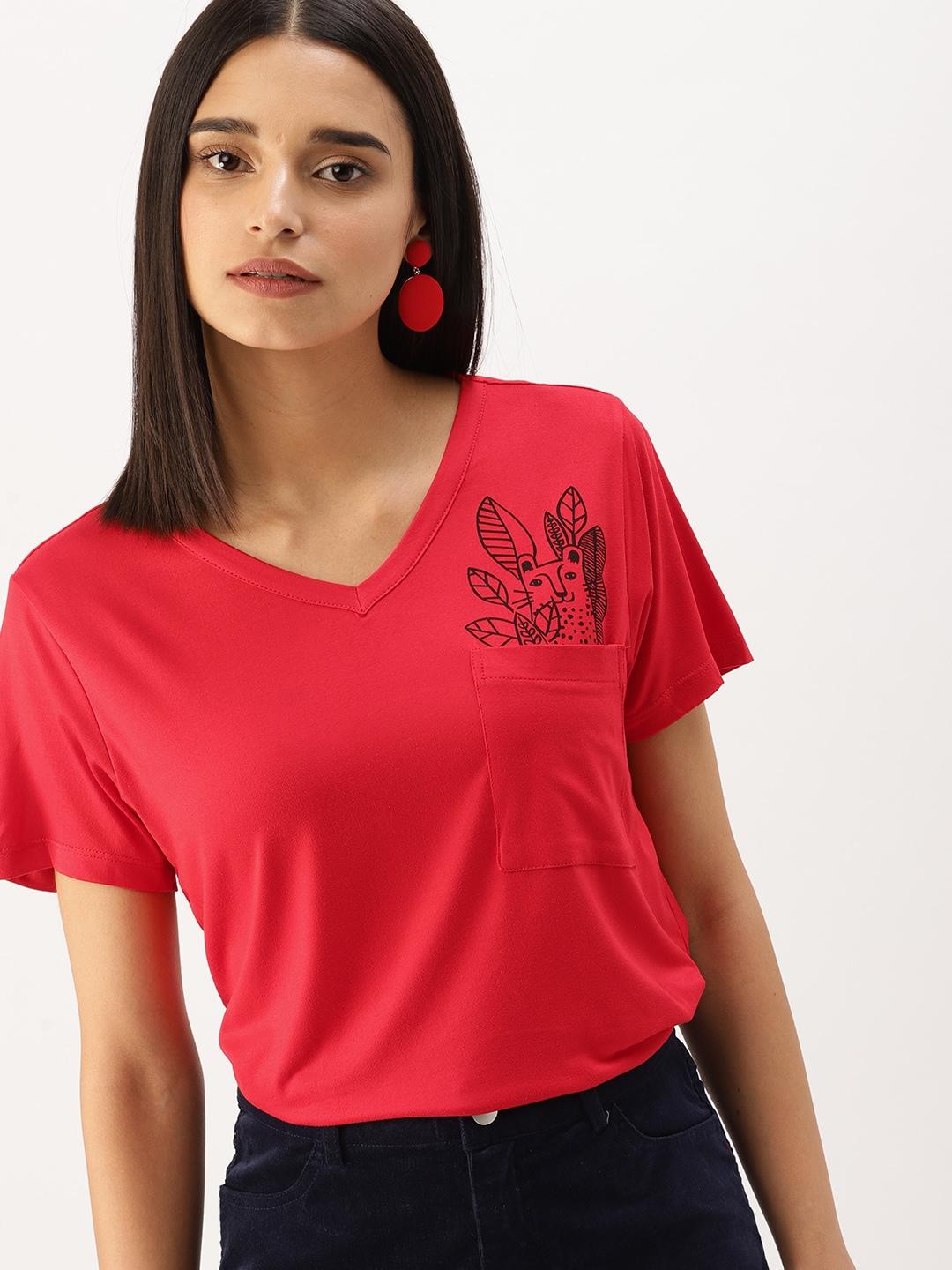 dressberry women red solid v-neck t-shirt