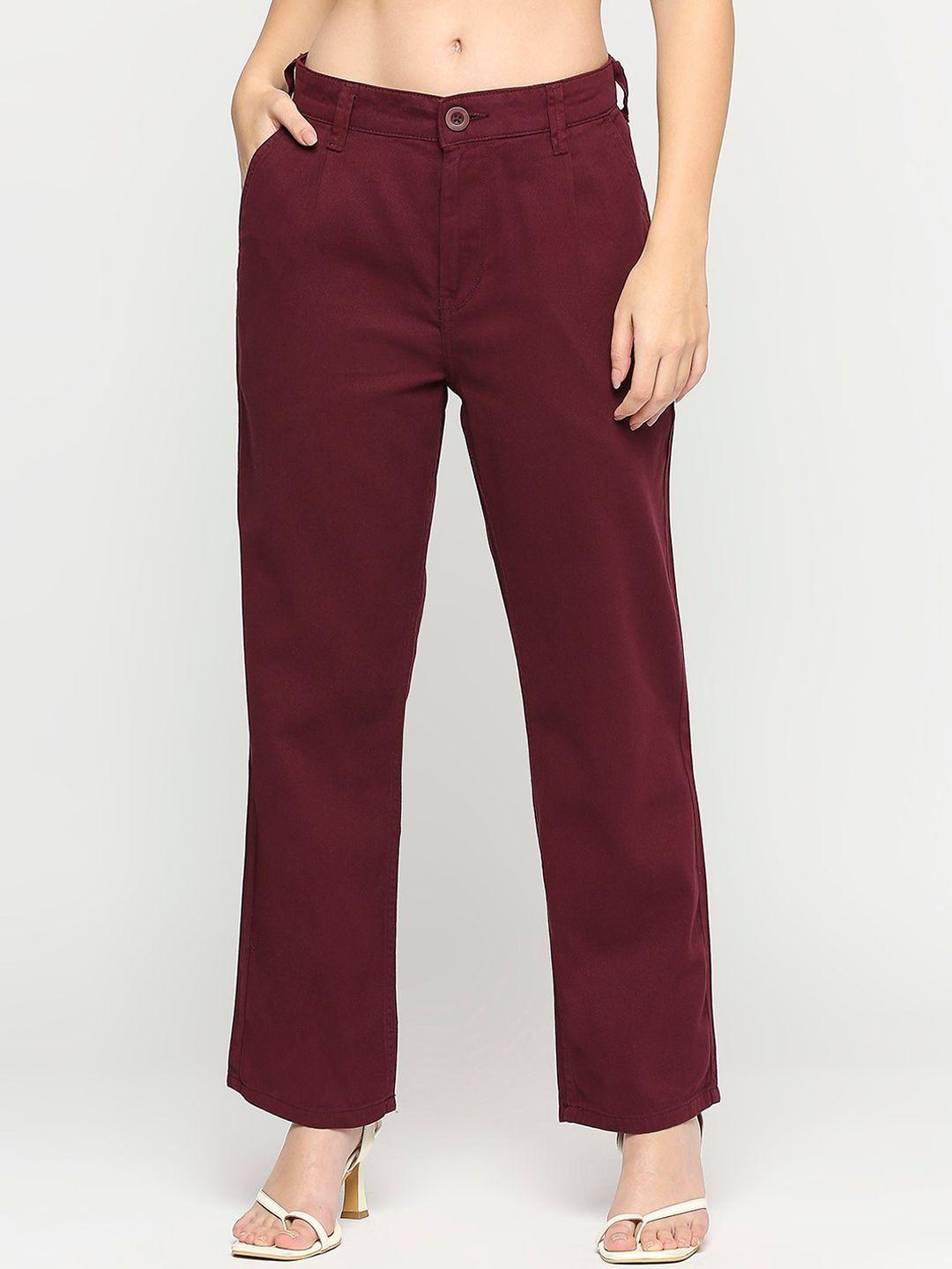 dressberry women relaxed straight leg fit mid-rise pure cotton trousers