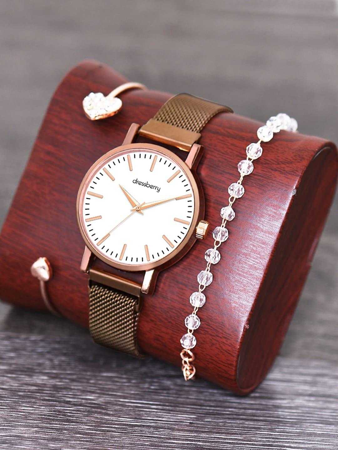 dressberry women rose gold-plated analogue watch gift set dbwj set-18