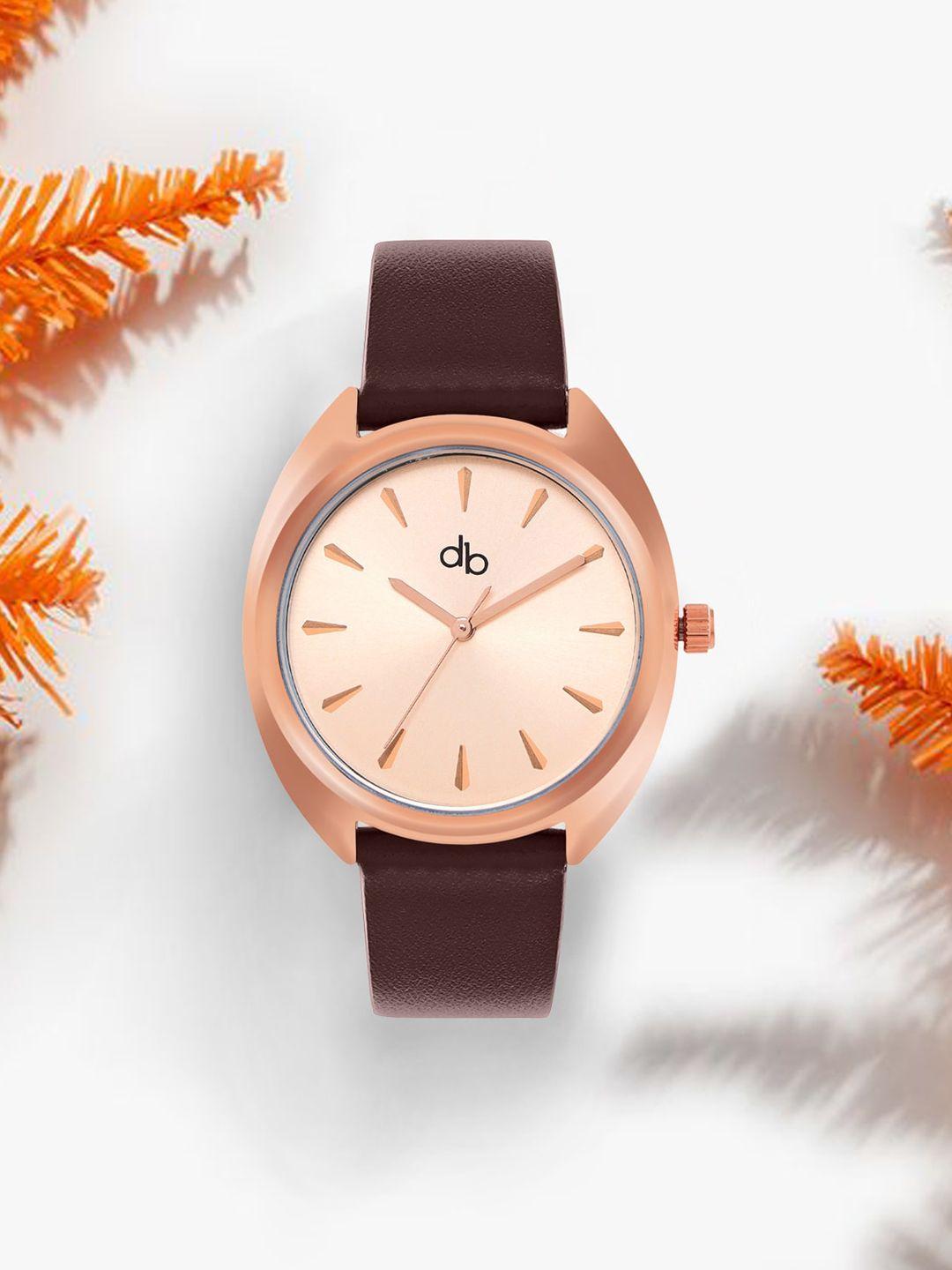 dressberry women rose gold-toned brass dial & brown leather straps analogue watch db0006i