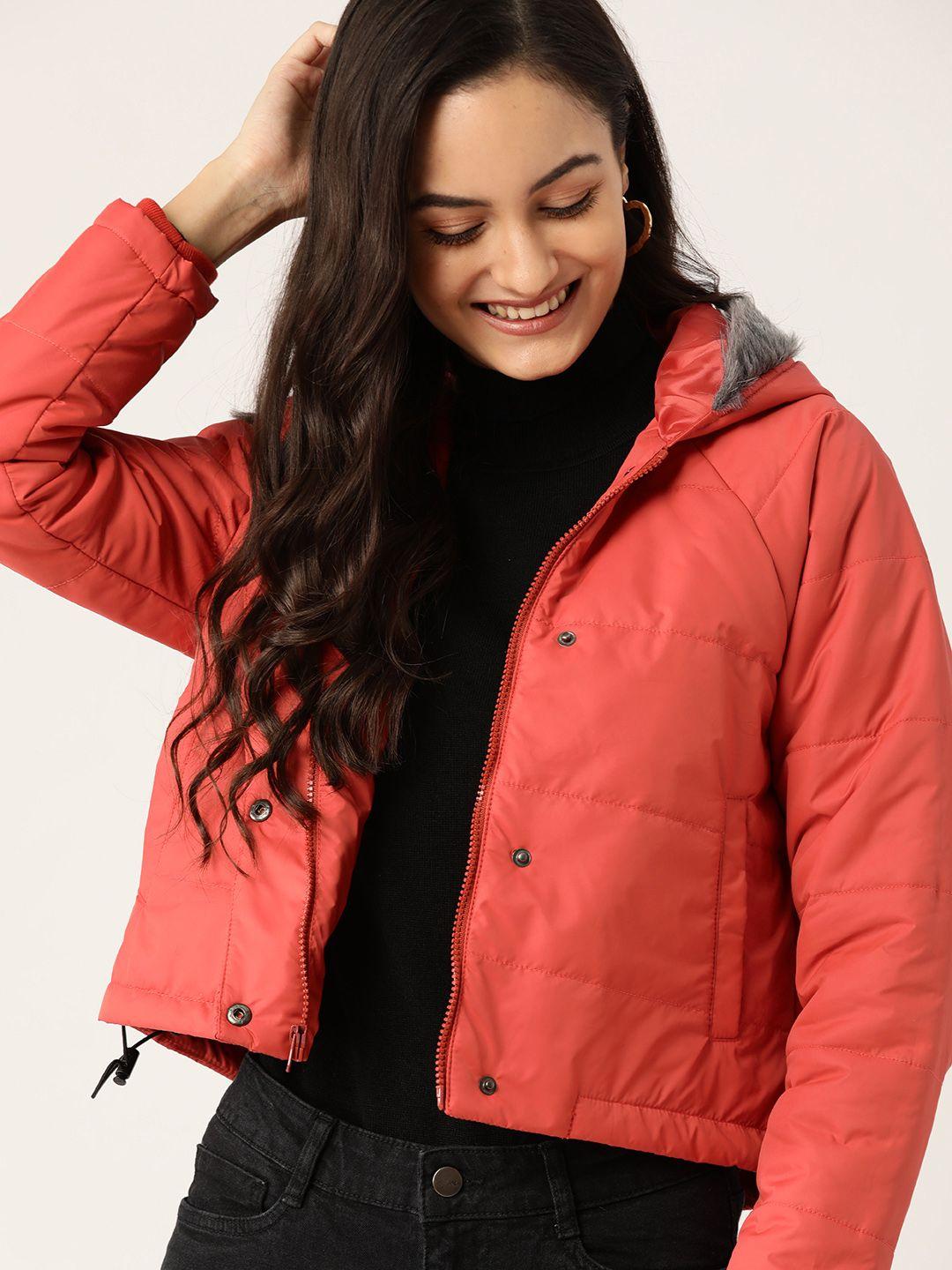 dressberry women rust red solid hooded parka jacket