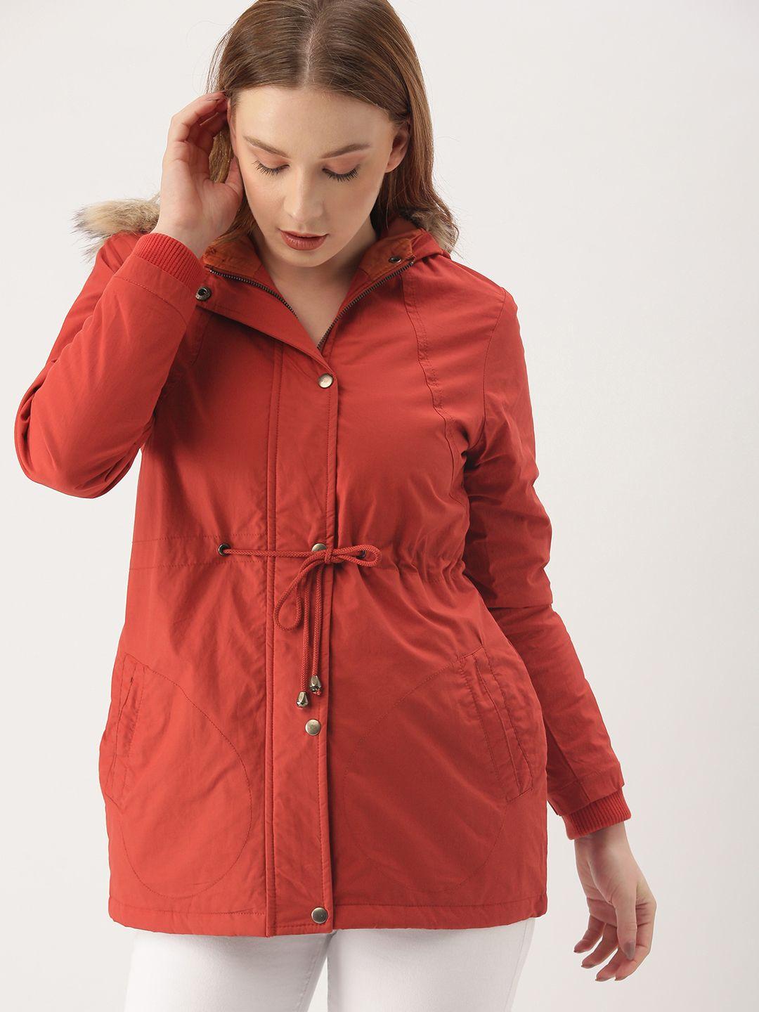 dressberry women rust red solid hooded parka jacket