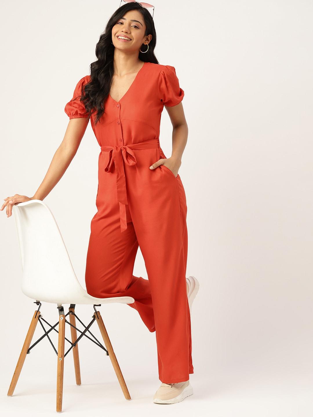 dressberry women rust red solid sustainable basic jumpsuit