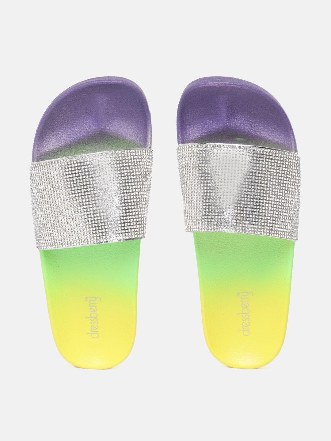 dressberry women silver-toned & yellow embellished sliders