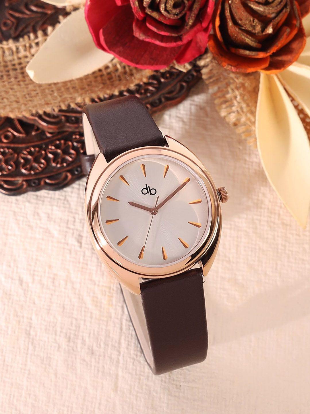 dressberry women silver-toned dial & brown leather straps analogue watch db0006d