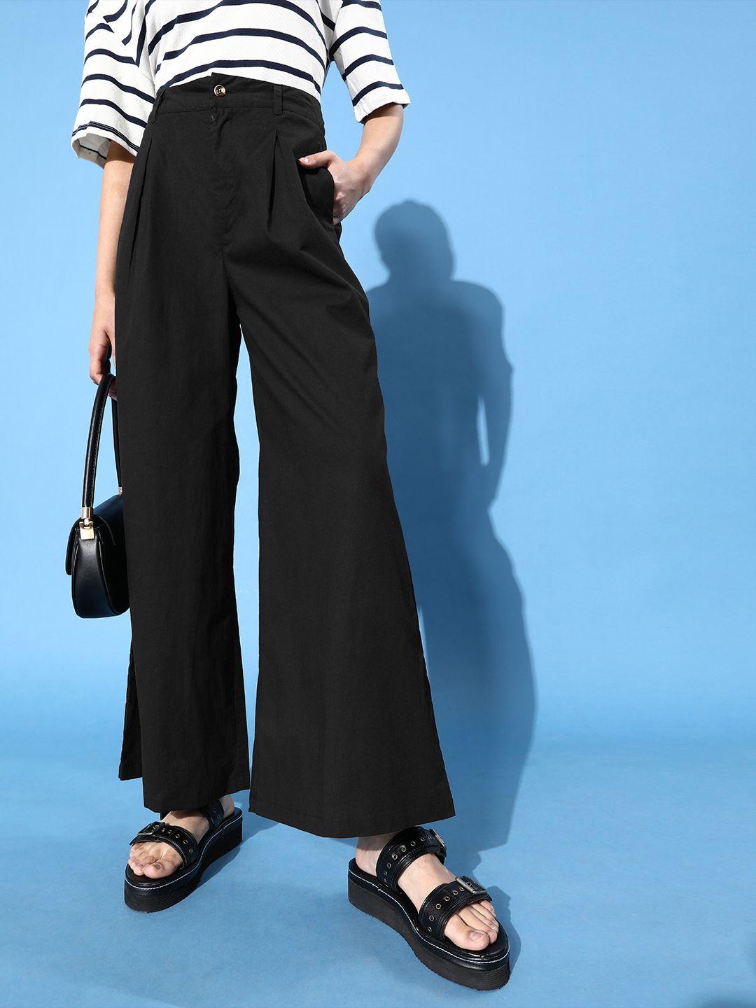 dressberry women stylish black solid pleated form trousers