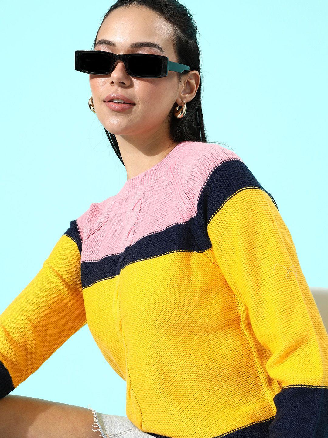 dressberry women stylish mustard colourblocked knitted sweater