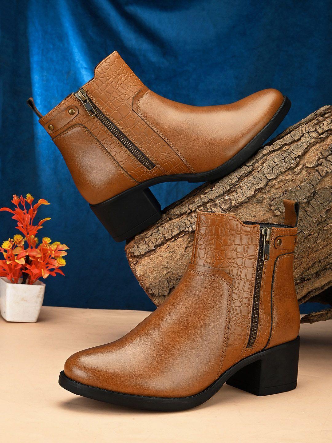 dressberry women tan brown mid top textured block heeled regular boots