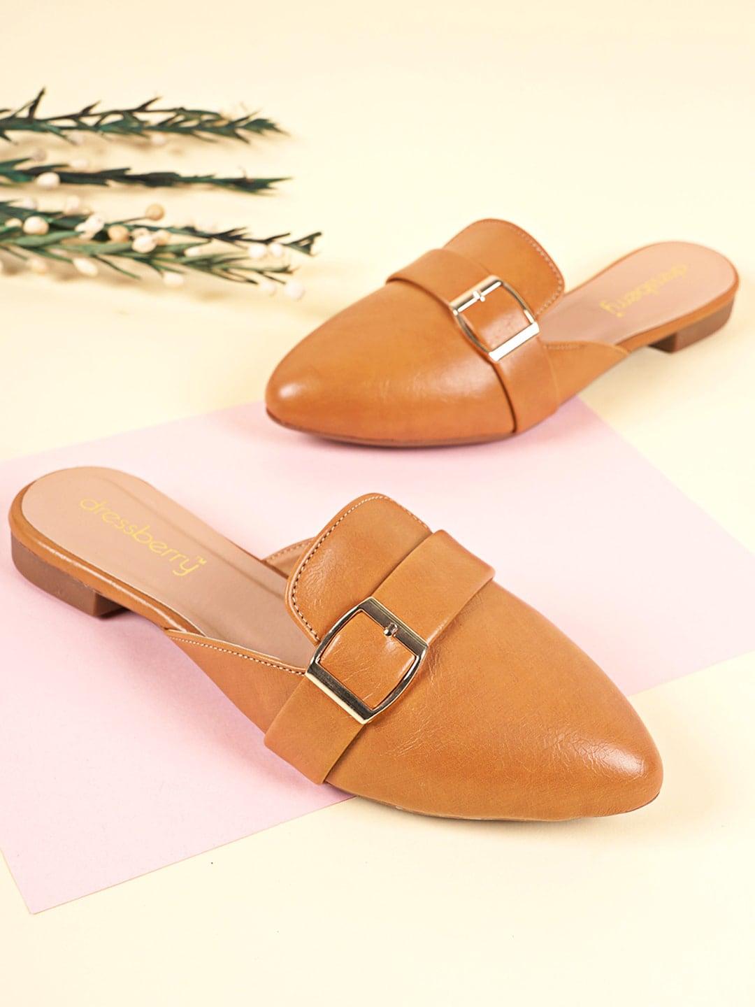 dressberry women tan brown pointed toe mules with buckles detail