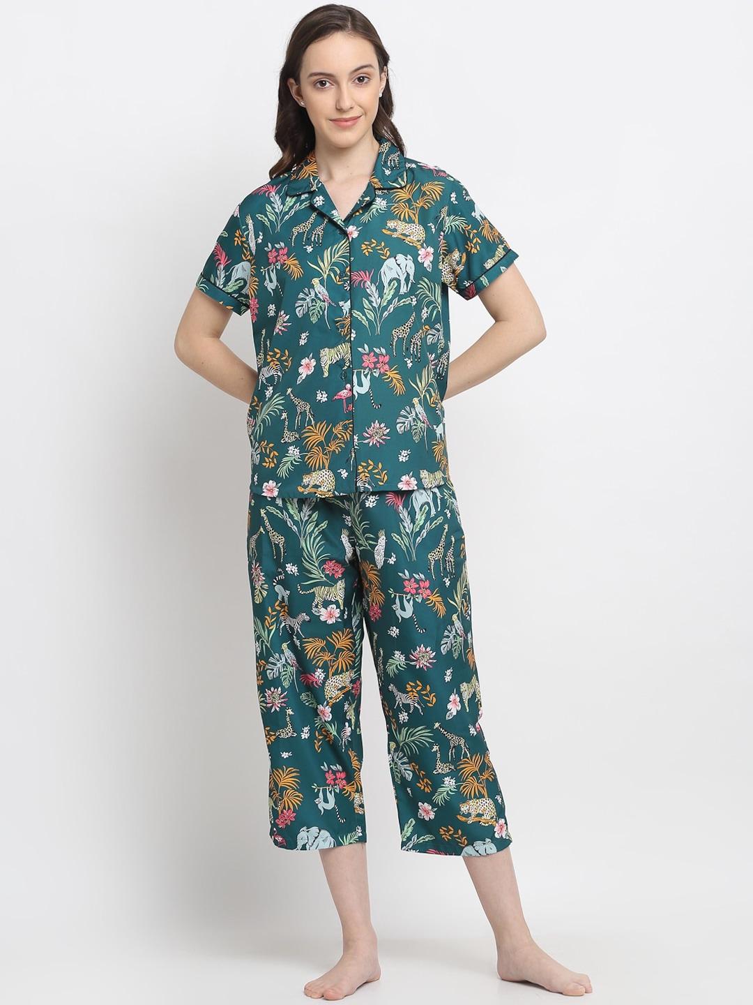 dressberry women teal & green printed night suit