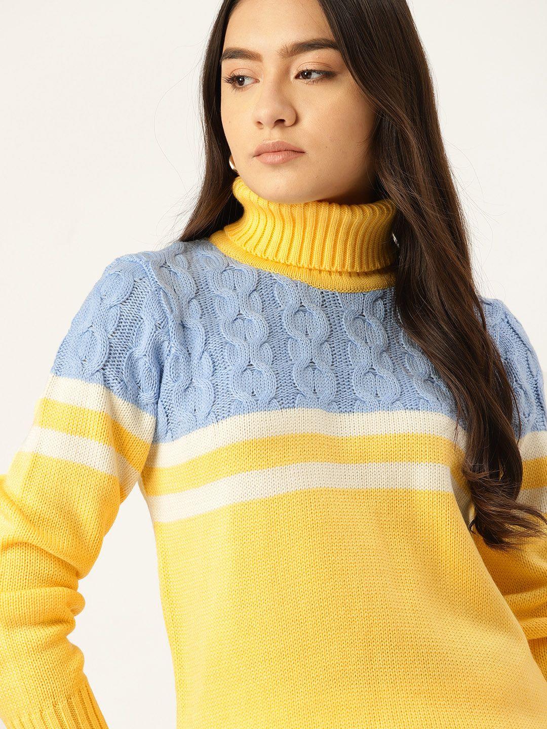 dressberry women yellow & blue colourblocked pullover with cable knitted detail