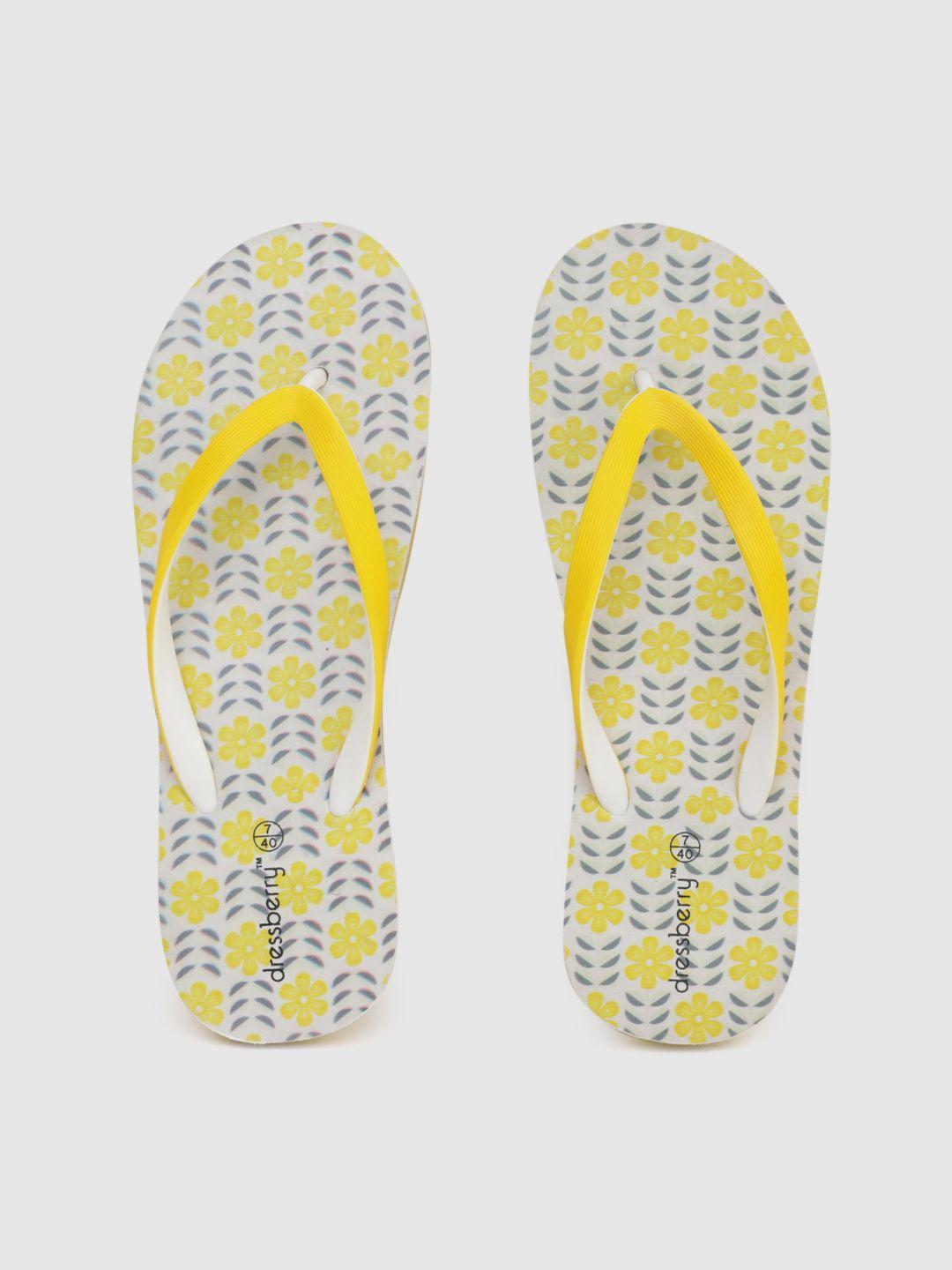 dressberry women yellow & grey floral printed thong flip-flops