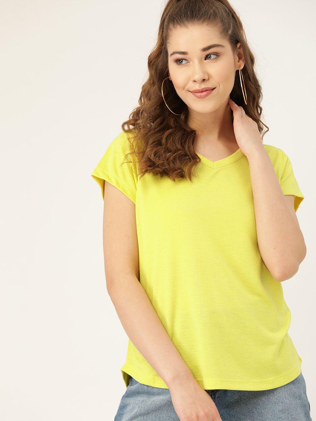 dressberry women yellow solid v-neck t-shirt