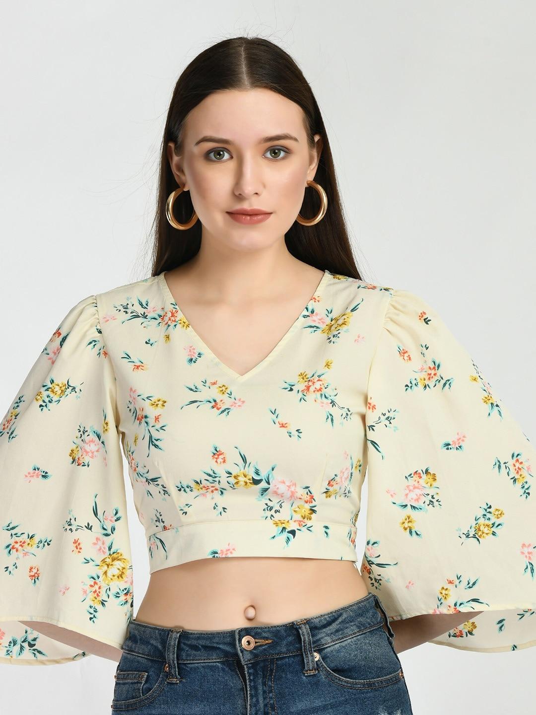 dressberry yellow floral print v-neck flared sleeve crop top