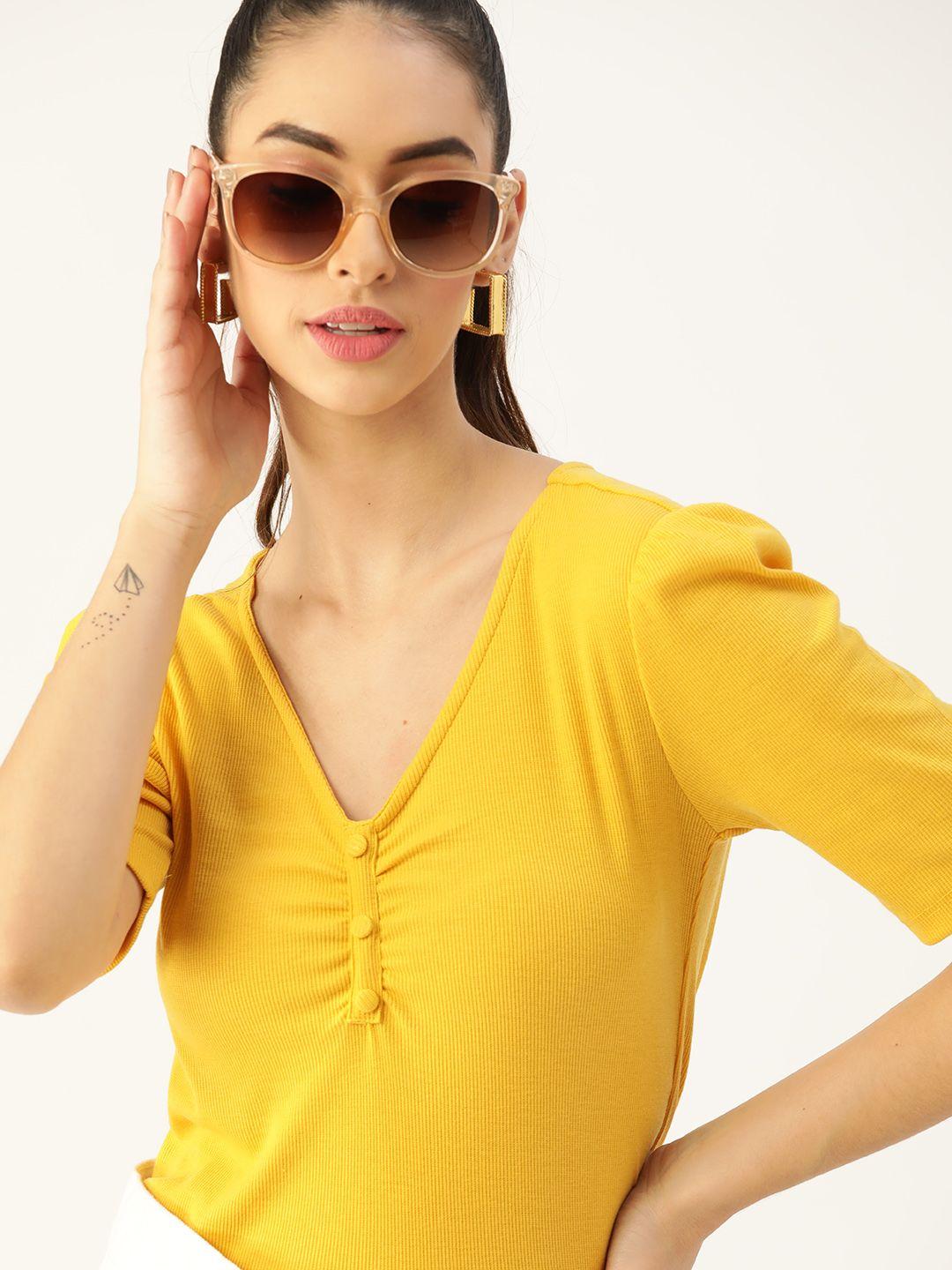 dressberry yellow solid ribbed v-neck ruched top