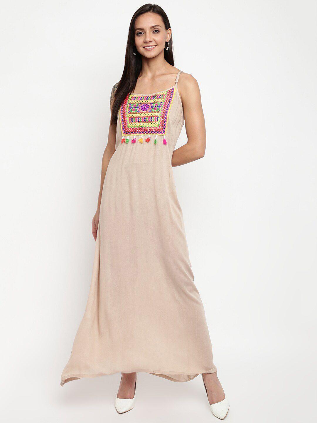 dressberry beige ethnic motifs embroidered maxi dress