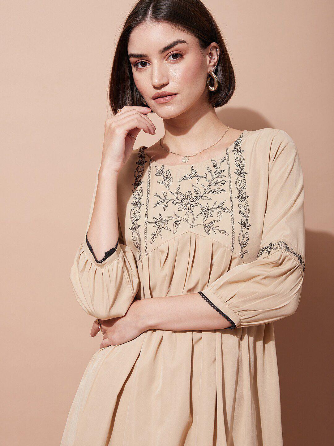 dressberry beige floral embroidered round neck puff sleeve a-line dress