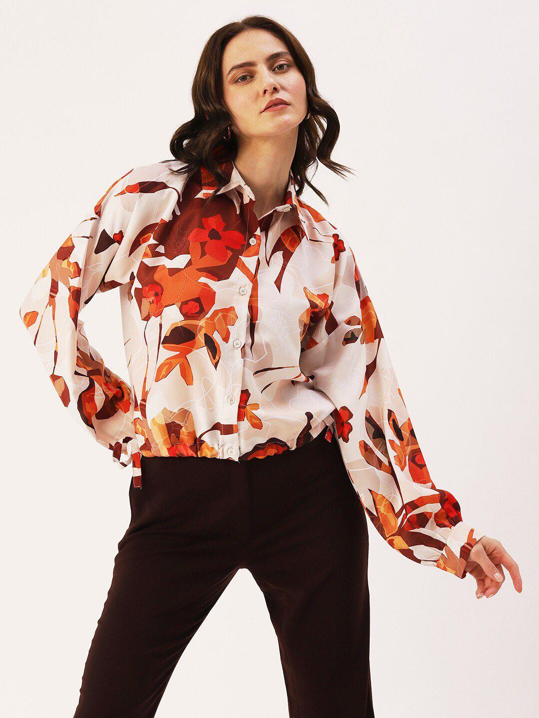 dressberry beige floral print tie-up neck blouson top