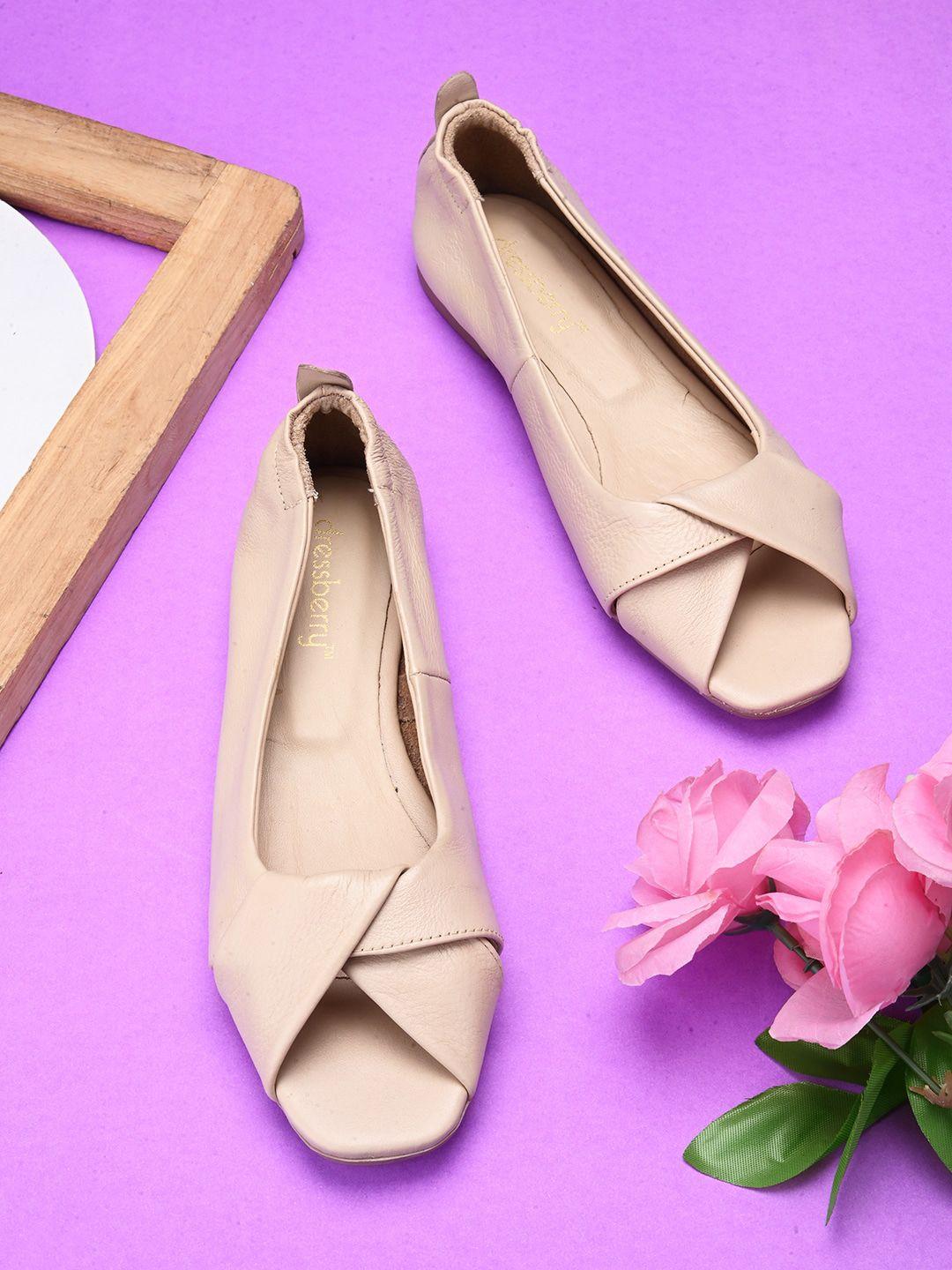 dressberry beige textured leather peep toe ballerinas