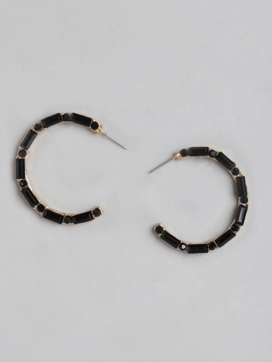 dressberry black & gold-toned studded crescent shaped half hoop earrings