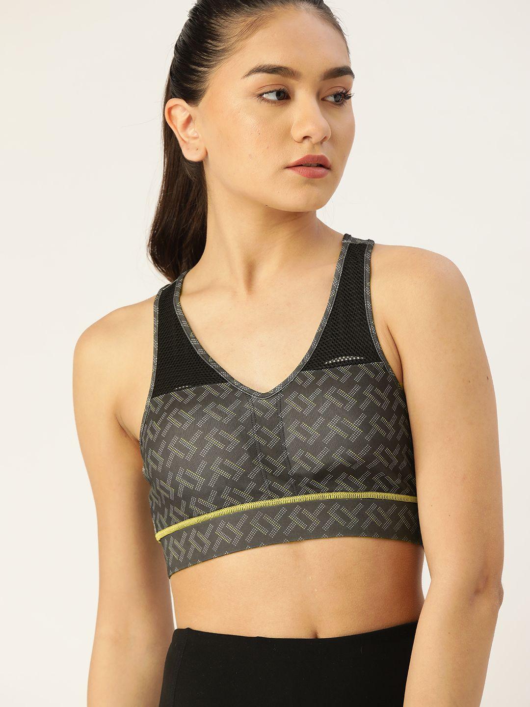 dressberry black & grey geometric print workout bra lightly padded