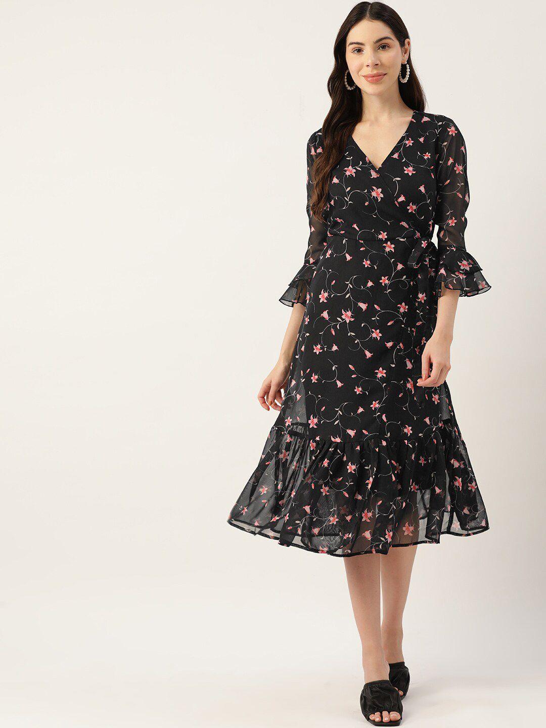 dressberry black & red floral printed bell sleeve wrap midi dress